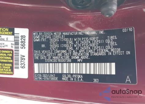 2011 Toyota Sienna Xle V6 z USA, uszkodzony, nr VIN 5TDYK3DC1BS007266